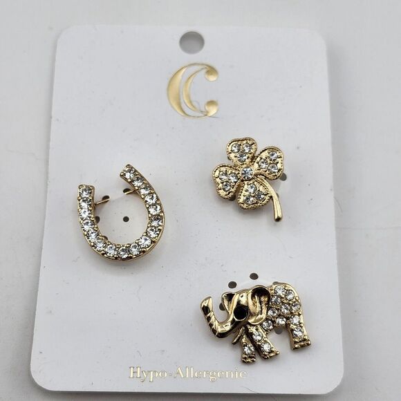 Charming Charlie Jewelry - Nwt Charming Charlie Lucky Pin Brooch Set Elephant Clover Horseshoe